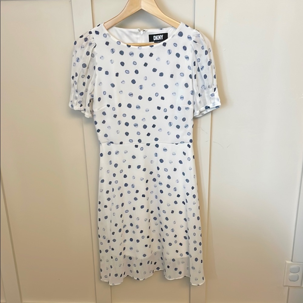 DKNY White and Blue Polka Dot Dress